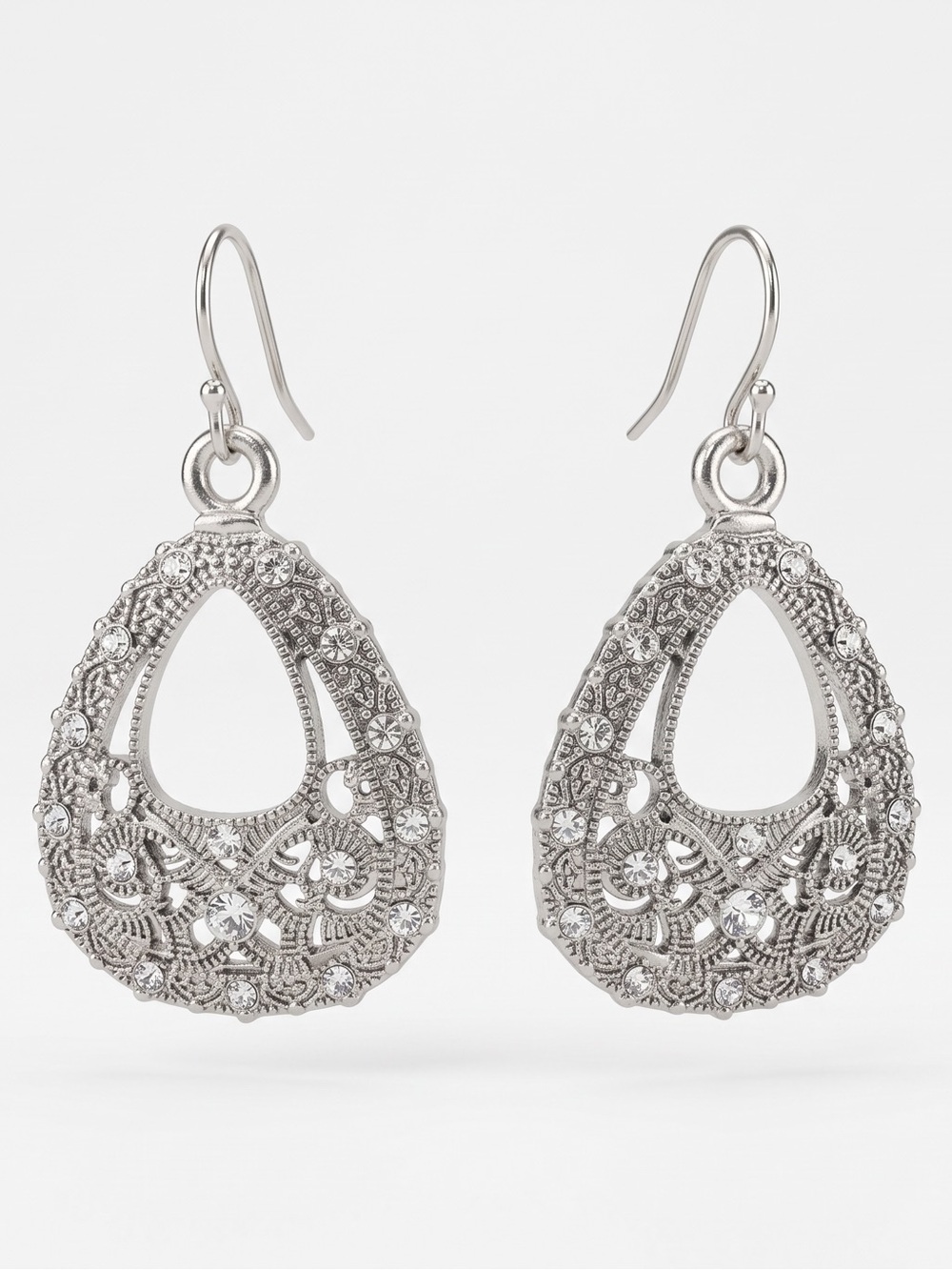 Silver Filigree Teardrop Dangle Earrings - Silver